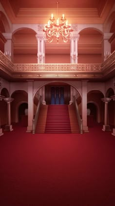 an empty red carpeted hall with chandelier and stairs leading up to the door