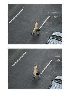 two pictures of a woman walking across the street