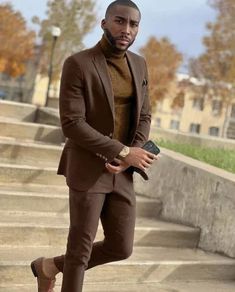 Two-Piece Brown Suit for Men - Elegant Brown Wedding Attire | eBay Men’s Fall Suit Ideas, Earthtone Outfits Men, Brown Mens Suit, Mens Suit For Wedding, Black Mens Fashion Suits, Brown Suits For Men, Suit For Wedding, Brown Suit