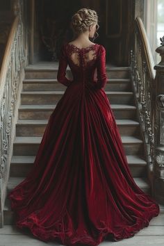 Beautiful Red Gown, Red Corset Wedding Dress, 1800s Red Dress, Red Dress Aesthetic Medieval, Red Velvet Dress Aesthetic, Deep Red Prom Dresses, Royal Gowns Princesses, Victorian Red Dress, Red Gown Aesthetic