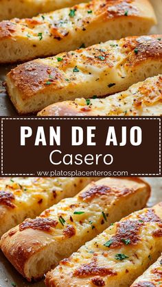 bread with cheese and parmesan on it in front of the words pan de ajo