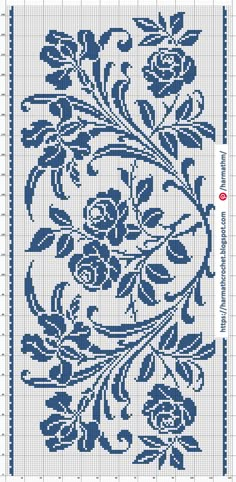 a cross stitch pattern with blue flowers and leaves on the bottom, in two rows