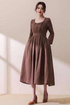 Linen Dress Women's Long Sleeve Linen Midi Dress in - Etsy UK Casual Brown A-line Midi Dress, Brown Long Sleeve Midi Dress For Spring, Brown Square Neck Midi Dress, Brown A-line Maxi Dress For Spring, Long Sleeve Brown Midi Summer Dress, Elegant Brown Pleated Midi Dress, Beige Fit And Flare Midi Dress, Spring Midi Dress With Square Neck In Brown, Brown Square Neck Midi Dress For Spring