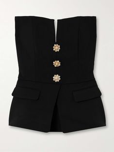 SELF-PORTRAIT Strapless embellished crepe peplum bustier top Peplum Bustier, Self Portrait Clothing, Dresses 15, Tops For Spring, Winter Wedding Guest, Luxury Pret, Boned Corsets, Peplum Tops