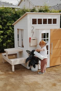 a little boy that is standing in front of a doll house with a potted plant