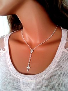 Rosary Necklaces Sterling Silver Moonstone Necklace Womens | Etsy Silver Diamond Cross Necklace, Rosary Necklaces, 14kt Gold Jewelry, Rosary Cross, Moonstone Gemstones, Silver Rosary, Clean Sterling Silver, Gold Rosary, Cross Necklaces