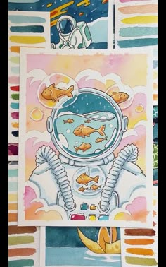 two pictures of fish in an astronaut's space suit, one is goldfish