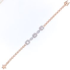 This stunning 18k gold halo bracelet, weighing 10.0 grams, features a sophisticated design adorned with 1.02 carats of diamonds. The diamonds, in round brilliant cut and baguette shapes, have a color grade of F-G and a quality grade of VS, adding exceptional sparkle and elegance. The rose gold finish enhances its luxurious appeal, making it perfect for any special occasion. The bracelet has a size of 7.5 inches, offering both style and comfort. This piece is openable, designed with a push snap l Rose Gold Diamond Bracelets With Baguette Diamonds, Diamond White Bracelets With Baguette Diamonds, Luxury Diamond Bracelet With Halo Setting, Luxury Diamond Bracelets With Halo Setting, Luxury Diamond Bracelet With Halo Setting For Formal Events, Luxury Diamond Bracelet With Halo Setting For Formal Occasions, Fine Jewelry Diamond Bracelet With Halo Setting, Fine Jewelry Diamond Bracelets With Halo Setting, Diamond Bracelets With Halo Setting In Fine Jewelry