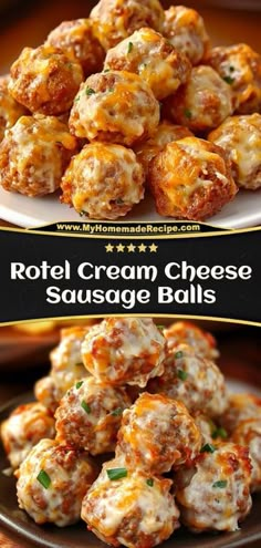 two plates with cheese balls on them and the words, royal cream cheese sausage balls