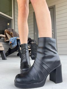 Vintage 90's platform boots  From no boundaries brand  Size 9 fits like a 8.5    authentic wear and tear but overall in great condition  super trendy and look awesome with vintage jeans Zippers on both insides Zipper pull missing on one but zips just fine ☺️ Man made materials Fall High-cut Heeled Boots With Chunky Platform, Fall High Cut Chunky Platform Heeled Boots, Fall Chunky Platform High-cut Heeled Boots, Fall Concert Ankle Platform Boots, Fall Concert Platform Ankle Boots, Edgy Fall Platform Boots For Concert, Grunge Platform Boots For Fall Streetwear, Fall Grunge Platform Boots For Streetwear, Black High Cut Platform Boots For Fall