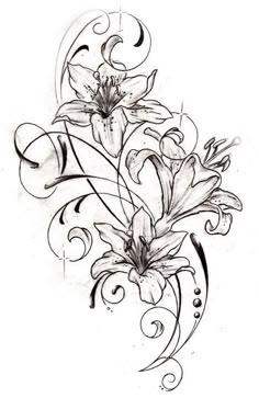 a tattoo design with flowers and swirls on the side, in black and white