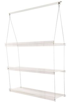 three tiered shelving unit with four shelves on one side and two hanging bars on the other