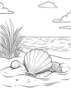 an ocean scene with seashells and grass on the beach coloring page for kids