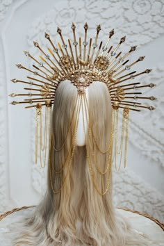 Gold Halo crown is made of filigrees, flowers, beads, lace, chain and glitters. Crown is lightweight, well molded, comfortable to wear. The crown will be a great addition to the Met Gala Evening, Ball, Wedding, Party or Festival. Any skilled photographer will find its use, the crown throws reflections, so it will be a great prop for art photography. :) The crowns from our studio are works of art, each piece is an original made with love and passion. Gold Halo Crown, Halo Headpiece, Festival Headpiece, Flowers Beads, Halo Crown, Halo Headband, Ball Wedding, Headpiece Jewelry, Head Pieces