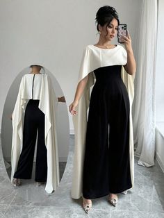 Women's Color Block Loose Jumpsuit Black Elegant  Long Sleeve Knitted Fabric Colorblock,Plain Wide Leg Medium Stretch  Women Clothing, size features are:Bust: ,Length: ,Sleeve Length: Cape Fashion, Clear Winter, Loose Jumpsuit, Sunset Wedding, Stylish Work Outfits, Winter Dress, Fall Winter 2024, Drawing Clothes, Chic Dresses