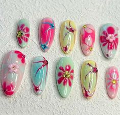 Jan Nails, Nails Colorful, Colorful Nails, Flower Nail, Flowers Handmade, Y2k Summer, Inspo Board, Nail Sizes