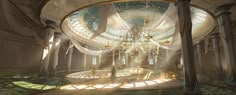 an artistic rendering of a futuristic building with sunlight streaming through the ceiling and surrounding columns