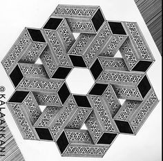 an intricate drawing on paper with black and white lines in the shape of hexagons