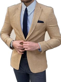 Casual Fitted Beige Suit, Casual Fitted Suit With Long Sleeves, Beige Fitted Long Sleeve Blazer, Fitted Beige Single Breasted Sport Coat, Fitted Beige Single-breasted Sport Coat, Fitted Beige Sport Coat For Semi-formal Occasions, Fitted Beige Suits For Fall, Fitted Beige Suit For Fall, Fitted Beige Sport Coat With Suit Collar