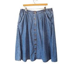 Classic Midi A-Line Button Up Jean Skirt by Bill Blass. Era: late 1980s early 1990s Fabric: 100% Stone Washed Cotton Denim Features: High waist with double button closure. Functional buttons all the way up the front. Falls on an A-line mid-calf. Size: tag size 16. Please check the measurements for fit: Across the waist flat: 20" (40" around) Across the hips flat: 29" (58" around) Total length: 31" Condition: Good. There are a few minor discolorations on the front. See pics. Awesome skirt. Women Size 16, Bill Blass, Skirt Women, Jeans Rock, Womens Skirts, Jean Skirt, Cincinnati, Mid Calf, All The Way