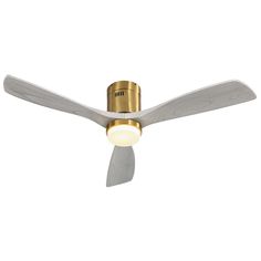 a ceiling fan with a light on top of it and a wooden blade in the middle