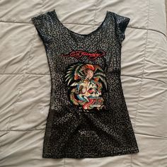 This Ed Hardy Dress Is In Perfect Condition! Printed Black Mini Dress For Night Out, Black Printed Party Dress, Black Fitted Dresses With Graphic Print, Black Graphic Print Dress For Night Out, Fitted Graphic Print Dresses For Night Out, Fitted Short Sleeve Dress With Graphic Print, Fitted Mini Dress With Graphic Print, Ed Hardy Clothes, Ed Hardy Dress