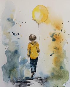 a watercolor painting of a boy walking with a yellow balloon