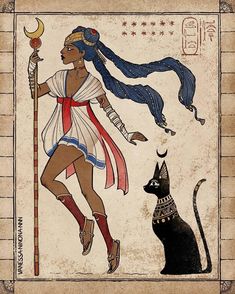 an ancient egyptian painting with a woman holding a staff and a cat sitting next to it