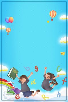 two children are playing in the air with their hands up and numbers flying around them