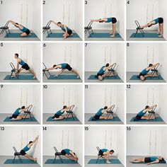 a series of photos showing how to do a chair stretch