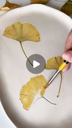 someone is painting a plate with yellow leaves