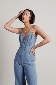 Surplice Wide Leg Denim Overall Jumpsuit Overall Jumpsuit, Blue Jumpsuits, Denim Jumpsuit, Wide Leg Denim, Easy Wear, Step Up, Shoulder Straps, Overalls, Wide Leg