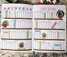 an open book with bookshelves and potted plants on it next to crayons