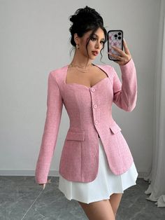 Women's Pink Tweed Notch Collar Long Sleeve Elegant Blazer Jacket, Spring & Autumn Pink Elegant  Long Sleeve Polyester Plain Regular Non-Stretch  Women Clothing, size features are:Bust: ,Length: ,Sleeve Length: Business Professional Outfits Pink, Pink Business Outfit, Law Outfits, Plan 2025, Sunday Top, Business Fits, English Dress, White Women Dresses, Tweed Outfit