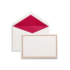 two envelopes with red and white designs on them, one is open to show the inside