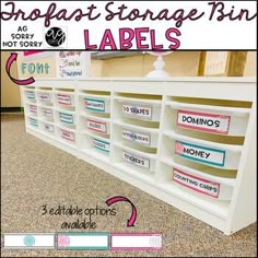 a white shelf with labels on it that says shoppaps storage bins and labeled labels