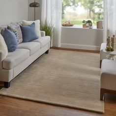 a living room filled with furniture and a rug on top of a hard wood floor