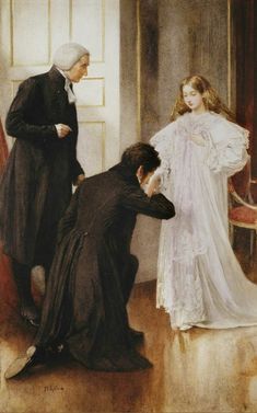 a painting of two women and a man standing next to each other in front of a door