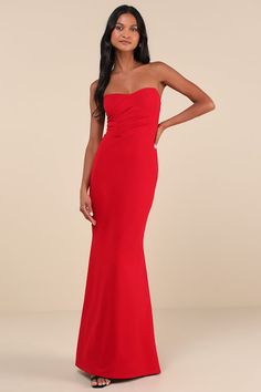 Heads are sure to turn when you walk in wearing the Lulus Iconic Arrival Red Strapless Bustier Mermaid Maxi Dress! Stretchy, crepe-knit fabric shapes this dramatic dress that has a bustier-inspired bodice with hidden supportive boning and no-slip strips. Pleated details decorate the front, while the back boasts sheer mesh panels for an eye-catching accent. Fitted waist tops a figure-skimming mermaid skirt that finishes at a maxi hem. Hidden zipper/clasp at back. Fit: This garment fits true to si Red Dress Formal, Sorority Formal Dress, Dress With Bustier, Red Mermaid Dress, Dramatic Dress, Maxi Dress Strapless, Dramatic Dresses, Sorority Formal, Mermaid Maxi Dress