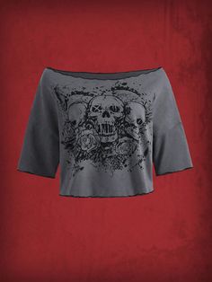 Skull Print Crop Tee, School Grey Casual  Half Sleeve Fabric Halloween  High Stretch  Women Clothing, size features are:Bust: ,Length: ,Sleeve Length: Edgy Halloween Graphic Print Tops, Casual Tops For Halloween, Casual Tops For Halloween Alternative Fashion, Edgy Skull Print Crew Neck Top, Crew Neck Skull Print Band Merch Top, Crew Neck Skull Print Top Band Merch, Band Merch Crew Neck Top With Skull Print, Casual Tops With Skull Shape For Alternative Fashion, Edgy Cotton Tops For Halloween