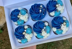 six cupcakes with blue and white frosting in a box on the grass