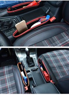 the interior of a car with two different compartments in it, and one is filled with various items