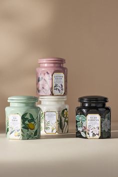 three jars are lined up next to each other on the table, one is filled with flowers and leaves