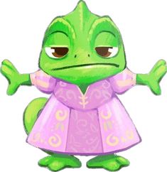 a green frog in a pink dress with big eyes