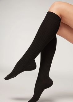 Women’s Ribbed Long Socks with Wool and Cashmere - Long socks - Calzedonia Long Black Socks, Celebrity Siblings, Sock Outfits, Stylish Celebrities, Legging Outfits, Over The Knee Socks, Thigh High Socks