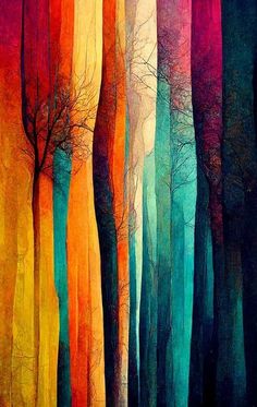 an abstract painting of trees with different colors