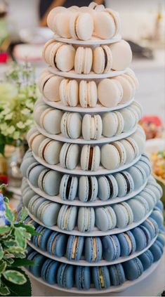 a stack of blue and white macaroons sitting on top of each other in front of flowers