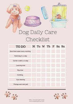 a dog daily care checklist with a teddy bear and cat's hat on it