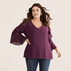 Shop Anti-Wrinkle Tiered Flounce Sleeve Chiffon Blouse now and redefine your style with confidence at BloomChic. Tailored for mid and plus-size women. This trendy Tops Women, sizes 10-30. Season:Winter;Color:Purple;Pattern Type:Plain;Neckline:V-neck;Sleeve Type:Ruffle Sleeve;Details:Ruffles, Tiered, Plain;Pocket:No-pocket Flowy Chiffon Blouse For Fall, Fall Flowy Chiffon Blouse, Womens Trendy Tops, Purple Pattern, Clothing Plus Size, Flounce Sleeve, Modern Women, Chiffon Blouse, Winter Colors