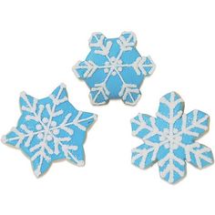 three blue and white snowflakes on a white background